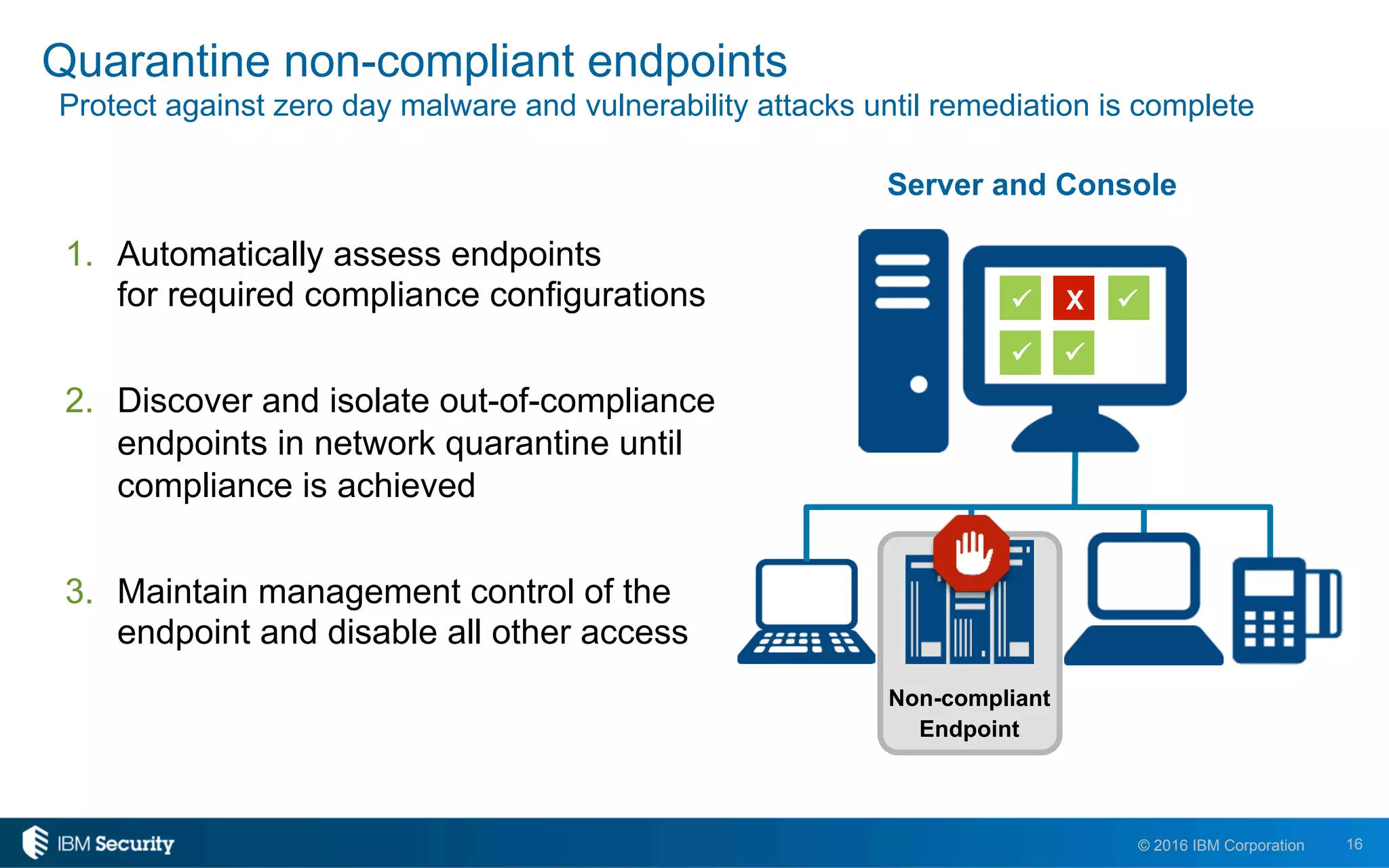 16© 2016 IBM Corporation
Quarantine non-compliant endpoints
Protect against zero day malware and vulnerability attacks until remediation is complete
1.  Automatically assess endpoints
for required compliance configurations
2.  Discover and isolate out-of-compliance
endpoints in network quarantine until
compliance is achieved
3.  Maintain management control of the
endpoint and disable all other access
Server and Console
X üü
üü
Non-compliant
Endpoint
 