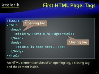 <!DOCTYPE HTML>
<html>
<head>
<title>My First HTML Page</title>
</head>
<body>
<p>This is some text...</p>
</body>
</html>
First HTML Page:Tags
11
Opening tag
Closing tag
An HTML element consists of an opening tag, a closing tag
and the content inside.
 