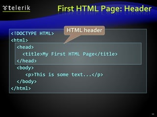 <!DOCTYPE HTML>
<html>
<head>
<title>My First HTML Page</title>
</head>
<body>
<p>This is some text...</p>
</body>
</html>
First HTML Page: Header
12
HTML header
 