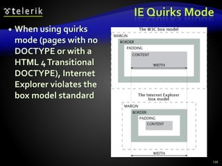 IE Quirks Mode
 When using quirks
mode (pages with no
DOCTYPE or with a
HTML 4Transitional
DOCTYPE), Internet
Explorer violates the
box model standard
139
 