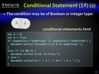 Conditional Statement (if) (2)
 The condition may be of Boolean or integer type:
187
var a = 0;
var b = true;
if (typeof(a)=="undefined" || typeof(b)=="undefined") {
document.write("Variable a or b is undefined.");
}
else if (!a && b) {
document.write("a==0; b==true;");
} else {
document.write("a==" + a + "; b==" + b + ";");
}
conditional-statements.html
 