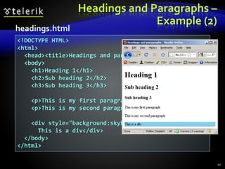 <!DOCTYPE HTML>
<html>
<head><title>Headings and paragraphs</title></head>
<body>
<h1>Heading 1</h1>
<h2>Sub heading 2</h2>
<h3>Sub heading 3</h3>
<p>This is my first paragraph</p>
<p>This is my second paragraph</p>
<div style="background:skyblue">
This is a div</div>
</body>
</html>
Headings and Paragraphs –
Example (2)
20
headings.html
 