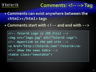Comments: <!-- -->Tag
 Comments can exist anywhere between the
<html></html> tags
 Comments start with <!-- and end with -->
32
<!–- Telerik Logo (a JPG file) -->
<img src="logo.jpg" alt=“Telerik Logo">
<!–- Hyperlink to the web site -->
<a href="http://telerik.com/">Telerik</a>
<!–- Show the news table -->
<table class="newstable">
...
 