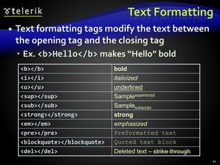 Text Formatting
 Text formatting tags modify the text between
the opening tag and the closing tag
 Ex. <b>Hello</b> makes “Hello” bold
<b></b> bold
<i></i> italicized
<u></u> underlined
<sup></sup> Samplesuperscript
<sub></sub> Samplesubscript
<strong></strong> strong
<em></em> emphasized
<pre></pre> Preformatted text
<blockquote></blockquote> Quoted text block
<del></del> Deleted text – strike through
34
 