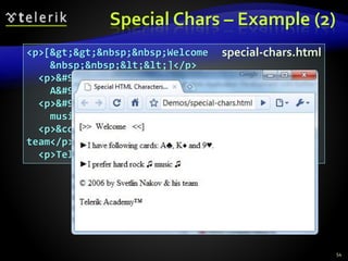 Special Chars – Example (2)
54
<p>[>>&nbsp;&nbsp;Welcome
&nbsp;&nbsp;<<]</p>
<p>►I have following cards:
A♣, K♦ and 9♥.</p>
<p>►I prefer hard rock ♫
music ♫</p>
<p>&copy; 2006 by Svetlin Nakov &amp; his
team</p>
<p>Telerik Academy™</p>
special-chars.html
 