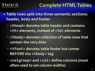 Complete HTMLTables
 Table rows split into three semantic sections:
header, body and footer
 <thead> denotes table header and contains
<th> elements, instead of <td> elements
 <tbody> denotes collection of table rows that
contain the very data
 <tfoot> denotes table footer but comes
BEFORE the <tbody> tag
 <colgroup> and <col> define columns (most
often used to set column widths)
64
 