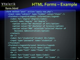 HTML Forms – Example
84
<form method="post" action="apply-now.php">
<input name="subject" type="hidden" value="Class" />
<fieldset><legend>Academic information</legend>
<label for="degree">Degree</label>
<select name="degree" id="degree">
<option value="BA">Bachelor of Art</option>
<option value="BS">Bachelor of Science</option>
<option value="MBA" selected="selected">Master of
Business Administration</option>
</select>
<br />
<label for="studentid">Student ID</label>
<input type="password" name="studentid" />
</fieldset>
<fieldset><legend>Personal Details</legend>
<label for="fname">First Name</label>
<input type="text" name="fname" id="fname" />
<br />
<label for="lname">Last Name</label>
<input type="text" name="lname" id="lname" />
form.html
 
