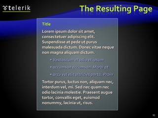 The Resulting Page
95
Title
Lorem ipsum dolor sit amet,
consectetuer adipiscing elit.
Suspendisse at pede ut purus
malesuada dictum. Donec vitae neque
non magna aliquam dictum.
• Vestibulum et odio et ipsum
• accumsan accumsan. Morbi at
• arcu vel elit ultricies porta. Proin
Tortor purus, luctus non, aliquam nec,
interdum vel, mi. Sed nec quam nec
odio lacinia molestie. Praesent augue
tortor, convallis eget, euismod
nonummy, lacinia ut, risus.
 
