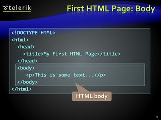 <!DOCTYPE HTML>
<html>
<head>
<title>My First HTML Page</title>
</head>
<body>
<p>This is some text...</p>
</body>
</html>
First HTML Page: Body
13
HTML body
 