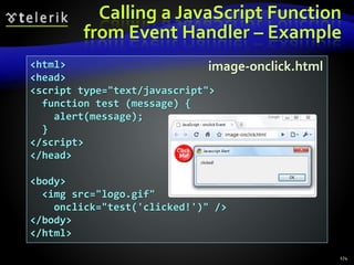 <html>
<head>
<script type="text/javascript">
function test (message) {
alert(message);
}
</script>
</head>
<body>
<img src="logo.gif"
onclick="test('clicked!')" />
</body>
</html>
Calling a JavaScript Function
from Event Handler – Example
image-onclick.html
174
 