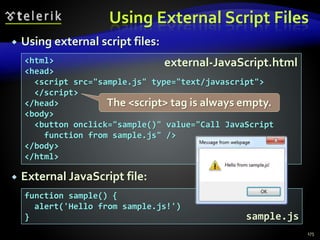 Using External Script Files
 Using external script files:
 External JavaScript file:
175
<html>
<head>
<script src="sample.js" type="text/javascript">
</script>
</head>
<body>
<button onclick="sample()" value="Call JavaScript
function from sample.js" />
</body>
</html>
function sample() {
alert('Hello from sample.js!')
}
external-JavaScript.html
sample.js
The <script> tag is always empty.
 