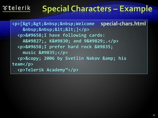 Special Characters – Example
53
<p>[&gt;&gt;&nbsp;&nbsp;Welcome
&nbsp;&nbsp;&lt;&lt;]</p>
<p>&#9658;I have following cards:
A&#9827;, K&#9830; and 9&#9829;.</p>
<p>&#9658;I prefer hard rock &#9835;
music &#9835;</p>
<p>&copy; 2006 by Svetlin Nakov &amp; his
team</p>
<p>Telerik Academy™</p>
special-chars.html
 
