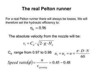 The real Pelton runner
For a real Pelton runner there will always be losses. We will
therefore set the hydraulic efficiency to:
96.0h 
The absolute velocity from the nozzle will be:
nd HgCv  21
Cd range from 0.97 to 0.98
60
21
ND
uuu



  48.045.0 
spoutingv
u
ratioSpeed 
 