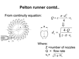 Pelton runner contd..
From continuity equation:
1
2
4
v
d
zQ s





1
4
vz
Q
ds




Where:
Z =number of nozzles
Q = flow rate
v1= nHg2 
 