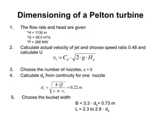 Dimensioning of a Pelton turbine
1. The flow rate and head are given
*H = 1130 m
*Q = 28.5 m3/s
*P = 288 MW
2. Calculate actual velocity of jet and choose speed ratio 0.48 and
calculate U
3. Choose the number of nozzles, z = 5
4. Calculate ds from continuity for one nozzle
nd HgCv  21
m
vz
Q
ds 22.0
4
1





5. Choose the bucket width
B = 3.3 · ds= 0.73 m
L = 2.3 to 2.8 · ds
 