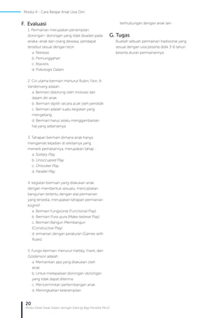 20
Modul Diklat Dasar Dalam Jaringan (Daring) Bagi Pendidik PAUD
F. Evaluasi
1. Permainan merupakan penampilan
dorongan- dorongan yang tidak disadari pada
anaka–anak dan orang dewasa, pendapat
tersebut sesuai dengan teori :
a. Rekreasi
b. Pemunggahan
c. Atavistis
d. Psikologis Dalam
2. Ciri utama bermain menurut Rubin, Fein, &
Vandenverg adalah :
a. Bermain didorong oleh motivasi dari
dalam diri anak
b. Bermain dipilih secara acak oleh pendidik
c. Bermain adalah suatu kegiatan yang
mengekang
d. Bermain harus selalu menggambarkan
hal yang sebenarnya
3. Tahapan bermain dimana anak hanya
mengamati kejadian di sekitarnya yang
menarik perhatiannya, merupakan tahap :
a. Solitary Play
b. Unoccupied Play
c. Onlooker Play
d. Parallel Play
4. kegiatan bermain yang dilakukan anak
dengan membentuk sesuatu, menciptakan
bangunan tertentu dengan alat permainan
yang tersedia, merupakan tahapan permainan
kognitif :
a. Bermain Fungsional (Functional Play)
b. Bermain Pura-pura (Make-believe Play)
c. Bermain Bangun Membangun
(Constructive Play)
d. ermainan dengan peraturan (Games with
Rules)
5. Fungsi bermain menurut Hartley, Frank, dan
Goldenson adalah :
a. Memainkan apa yang dilakukan oleh
anak
b. Untuk melepaskan dorongan-dorongan
yang tidak dapat diterima
c. Mencerminkan perkembangan anak
d. Meningkatkan keterampilan
berhubungan dengan anak lain
G. Tugas
Buatlah sebuah permainan tradisional yang
sesuai dengan usia peserta didik 3-6 tahun
beserta aturan permainannya.
Modul 4 - Cara Belajar Anak Usia Dini
 