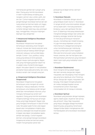 Modul Diklat Dasar Dalam Jaringan (Daring) Bagi Pendidik PAUD
25
memanipulasi gambar dan ruangan yang
lebar. Orang yang memiliki kecerdasan
ini lebih mudah bekerja di bidang pilot,
navigator, pemain catur, arsitek, grafis, dan
lain-lain. Contoh kegiatan bermain untuk
pengembangan kecerdasan bentuk dan dan
ruang antara lain bermain balok unit, leggo,
melukis, menggambar, membuat rumah-
rumahan dengan balok kayu atau potongan
lego, menggambar, menyusun kepingan-
kepingan kayu bergambar
f. Interpersonal Intelligence (Kecerdasan
Interpersonal)
Kecerdasan Interpersonal merupakan
kemampuan seseorang untuk mengerti
maksud, motivasi dan hasrat orang lain serta
secara konsekuen bekerja efektif dengan
orang lain walaupun semua tidak begitu
tampak. Contoh : Guru, politikus, orang-
orang yang bekerja di klinik (perawat),
penjual maupun pemuka agama. Bagian
otak yang memegang peranan dalam hal
ini adalah Lobus Frontal (Cortex bagian
depan). Kerusakan daerah ini menyebabkan
perubahan besar pada personality, dan orang
tersebut seolah-olah menjadi orang lain.
g. Intrapersonal Intelligence (Kecerdasan
Intrapersonal)
Kecerdasan Intrapersonal merupakan
kemampuan untuk mengerti diri sendiri
(keinginan, maksud, ketakutan), memiliki
kemampuan untuk bekerja sendiri dengan
efektif dan memanfaatkan informasi untuk
mengatur kehidupannya sendiri (self
regulator). Orang yang memiliki kecerdasan
intrapersonaltinggi mempunyai semangat
hidup yang tinggi (bergairah). Bagian otak
yang mengatur kemampuan ini ada di Frontal
Lobe. Kerusakan pada Frontal Lobe bagian
bawah akan menyebabkan irritability atau
euphoria, sedangkan bila terjadi kerusakan
di bagian atas dapat menyebabkan apatis,
lamban dan peragu. Contoh kegiatan
bermain untuk pengembangan kecerdasan
Intrapersonal antara lain bermain peran,
melatih menyampaikan pikiran dan
perasaannya di depan teman, bermain
ekspresi, dll.
h. Kecerdasan Naturalis
Kecerdasan ini berkaitan dengan seluruh
yang terdapat di alam dunia ini. Kecerdasan
ini sangat sensitif untuk disimulasikan dengan
semua aspek alam, mencakup bertanam,
binatang, cuaca, dan gambaran fisik dari
bumi. Di dalamnya mencakup keterampilan
mengenali berbagai ketegori dan varitas dari
binatang, serangga, tanaman dan bunga.
Ini mencakup kemampuan menanam
sesuatu, memelihara dan melatih binatang.
Ini juga mencakup kepekaan untuk dan
mencintai bumi, sebagaimana keinginan
untuk memeliharanya dan melindungi
sumber-sumber alam.Contoh kegiatan:
Mencatat fenomena alam yang melibatkan
hewan, tanaman, dan hal-hal sejenis dan
Memperlihatkan pemahaman yang mendalam
dalam topik-topik yang melibatkan sistem
kehidupan.
i. Kecerdasan Eksistensional
Anak mengenal dirinya adalah bagian
dari alam semesta, bangsa dan negara,
masyarakat, dan keluarganya. Anak mengerti
apa yang harus diperbuat untuk Tuhannya,
dirinya, bangsa dan negara, masyarakat, dan
keluarga. Anak dapat mengaktualisasikan
diri melalui berbagai kegiatan secara
komprehensif.Contoh: Anak dapat
menempatkan diri di manapun ia berada .
j. Kecerdasan Spiritual
Kecerdasan yang berkaitan dengan kejiwaan,
agama, kepercayaan, keyakinan dan prinsip
atau philosofi hidup. Bagi masyarakat
yang religius dianggap sebagai kecerdasan
terpenting atau yang paling menentukan.
Sabagai fondasi dalam mengeksplorasi dan
memberdayakan jenis kecerdasan-kecerdasan
lainnya.
 