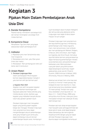 32
Modul Diklat Dasar Dalam Jaringan (Daring) Bagi Pendidik PAUD
A. Standar Kompetensi
Peserta mampu memahami cara belajar AUD
dan trampil menerapkan cara belajar AUD
melalui bermain
B. Kompetensi Dasar
Menjelaskan Tiga Jenis Main yang dapat
dilaksanakan dalam pembelajara AUD
C. Indikator
1. Mejelaskan jenis main Sensorimotor atau
main fungsional
2. Menjelaskan jenis main yaitu Main peran
(mikro dan makro)
3. Menjelaskan Main pembangunan (sifat cair/
bahan alam & terstruktur)
D. Uraian Materi
1. Penataan Lingkungan Main
Dalam pembelajaran PAUD kegiatan
bermain dapat dikelompokan menjadi 2
yaitu bermain aktif dan bermain pasif.
a. Kegiatan Main Aktif
Kegiatan main aktif merupakan kegiatan
yang memberikan kesenangan dan
kepuasan pada anak melalui aktivitas yang
mereka lakukan sendiri, diartikan juga
kegiatan yang melibatkan banyak aktivitas
tubuh atau gerakan-gerakan tubuh.
Penataan lingkungan main merupakan
bagian yang penting dalam kegiatan
belajar dan mengajar. Penataan lingkungan
main yang bermutu harus dapat
mengembangkan seluruh perkembangan
anak yang menjadi tujuan sentra yaitu
dapat membangun seluruh domain
perkembangan berpikir anak, membangun
tujuh kecerdasan dasar (multiple intelligent)
dari semua anak yang datang ke sentra.
Lingkungan main dapat di tata di dalam
maupun di luar ruangan.
Penataan lingkungan main yang bermutu
dan kaya disentra juga harus mendukung
perkembangan anak melalui tiga jenis
main; main sensorimotor, main simbolik
dan main pembangunan (Weikart, Rodgers,
& Adcock, 1971, Erik Erikson, Jean Piaget,
Lev Vygotsky, dan Anna Freud), mencakup
sejumlah bahan bermain yang penataannya
dapat mendukung perkembangan interaksi
social diantara anak, serta perkembangan
keaksaraan anak. Warna penataan
ruang dan bahan yang direncanakan
dapat berpengaruh positif atau negatif
pada perilaku anak usia dini (Torelli &
Durrentt, 1998) (Hohman & Weikart, 1995)
(Kritchevsky, Prescott, & Walling, 1969).
Idealnya luas tempat main untuk tiap anak
di sentra ini minimal 7 meter persegi. Bila
terdapat 10 anak main disentra ini, maka
luas tempat yang harus disediakan adalah
70 meter persegi. Tempat main yang
harus disediakan untuk tiap anak 2,5 – 3+
(baca: 2 ,5 - 3 lebih) (Phelps, 1986) yang
artinya bila untuk 10 anak, maka guru harus
menyiapkan tempat main sebanyak 30 atau
lebih tempat main.
Penataan alat main ditiap tempat kegiatan
main haruslah luwes sehingga terhindar dari
kesan penuh sesak, anak dapat bergerak
bebas diantaranya, dan kemungkinan
terjadinya konflik dengan yang lain dapat
dihindari.Penataan lingkungan main
disentra dapat meningkatkan kemampuan
Kegiatan 3
Pijakan Main Dalam Pembelajaran Anak
Usia Dini
Modul 4 - Cara Belajar Anak Usia Dini
 