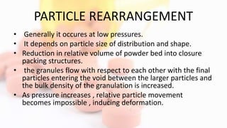 PARTICLE REARRANGEMENT
• Generally it occures at low pressures.
• It depends on particle size of distribution and shape.
• Reduction in relative volume of powder bed into closure
packing structures.
• the granules flow with respect to each other with the final
particles entering the void between the larger particles and
the bulk density of the granulation is increased.
• As pressure increases , relative particle movement
becomes impossible , inducing deformation.
 