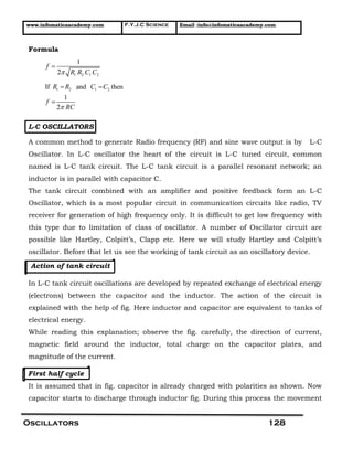www.infomaticaacademy.com F.Y.J.C Science Email :info@infomaticaacademy.com
Oscillators 128
Formula
1 2 1 2
1
2
f
R R C C

1 2 1 2If and then
1
2
R R C C
f
RC
 

L-C OSCILLATORS
A common method to generate Radio frequency (RF) and sine wave output is by L-C
Oscillator. In L-C oscillator the heart of the circuit is L-C tuned circuit, common
named is L-C tank circuit. The L-C tank circuit is a parallel resonant network; an
inductor is in parallel with capacitor C.
The tank circuit combined with an amplifier and positive feedback form an L-C
Oscillator, which is a most popular circuit in communication circuits like radio, TV
receiver for generation of high frequency only. It is difficult to get low frequency with
this type due to limitation of class of oscillator. A number of Oscillator circuit are
possible like Hartley, Colpitt’s, Clapp etc. Here we will study Hartley and Colpitt’s
oscillator. Before that let us see the working of tank circuit as an oscillatory device.
Action of tank circuit
In L-C tank circuit oscillations are developed by repeated exchange of electrical energy
(electrons) between the capacitor and the inductor. The action of the circuit is
explained with the help of fig. Here inductor and capacitor are equivalent to tanks of
electrical energy.
While reading this explanation; observe the fig. carefully, the direction of current,
magnetic field around the inductor, total charge on the capacitor plates, and
magnitude of the current.
First half cycle
It is assumed that in fig. capacitor is already charged with polarities as shown. Now
capacitor starts to discharge through inductor fig. During this process the movement
 