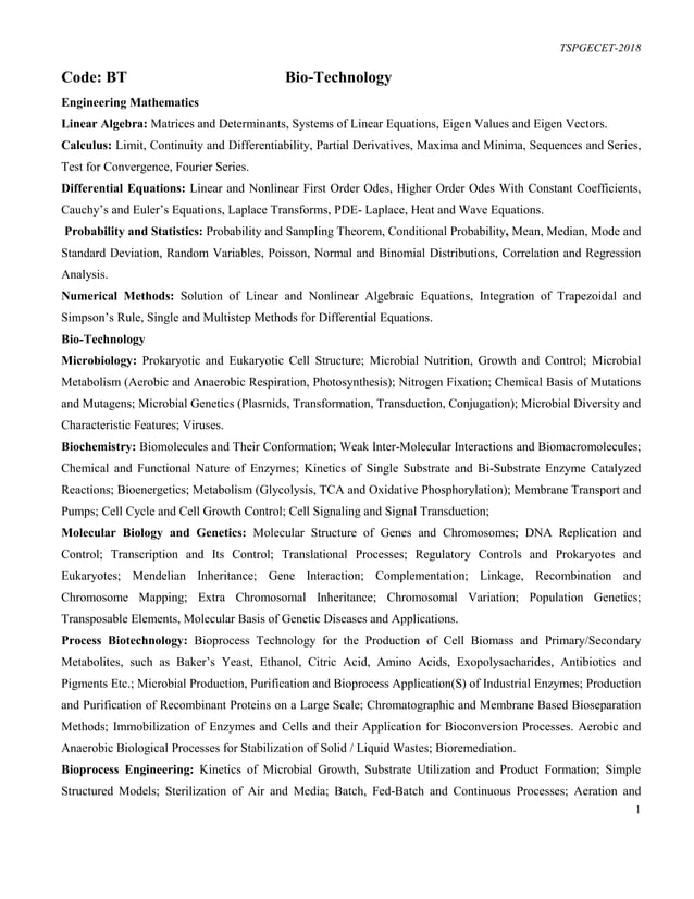 TS PGECET Biotechnology 2018 Syllabus | PDF