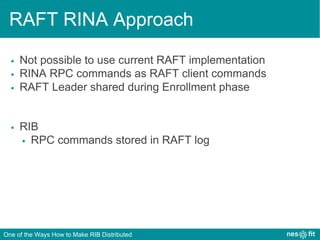 RAFT RINA Approach
▪ Not possible to use current RAFT implementation
▪ RINA RPC commands as RAFT client commands
▪ RAFT Le...