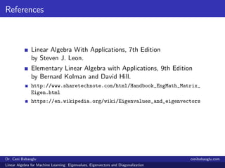 References
Linear Algebra With Applications, 7th Edition
by Steven J. Leon.
Elementary Linear Algebra with Applications, 9...
