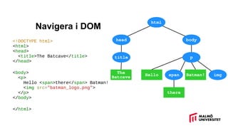 Navigera i DOM
<!DOCTYPE html>
<html>
<head>
<title>The Batcave</title>
</head>
<body>
<p>
Hello <span>there</span> Batman!
<img src=/slideshow/javascript-och-dom/140006121/"batman_logo.png">
</p>
</body>
</html>
html
head body
title p
span img
The
Batcave
Hello Batman!
there
 