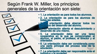 Según Frank W. Miller, los principios
generales de la orientación son siete:
• 1. La orientación es para todos los alumnos.
• 2. La orientación es para los alumnos de
todas las edades.
• 3. La orientación debe abarcar todos los
aspectos del desarrollo del alumno.
• 4. La orientación alienta el descubrimiento y
desarrollo de uno mismo.
• 5. La orientación debe ser una tarea
cooperativa en la que se comprometan el
alumno, el padre, el profesor, el director y el
orientador.
• 6. La orientación debe ser considerada como
una parte principal del proceso total de la
educación.
• 7. La orientación debe ser responsable ante el
 