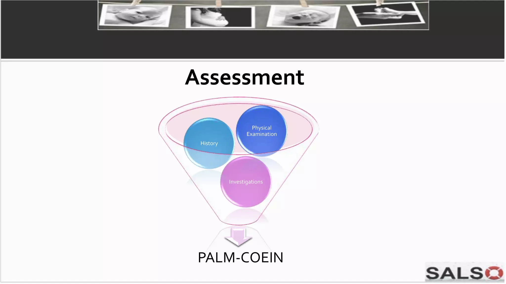 Assessment
PALM-COEIN
Investigations
History
Physical
Examination
 