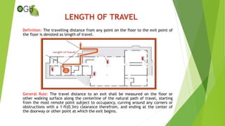 Definition: The travelling distance from any point on the floor to the exit point of
the floor is denoted as length of travel.
General Rule: The travel distance to an exit shall be measured on the floor or
other walking surface along the centerline of the natural path of travel, starting
from the most remote point subject to occupancy, curving around any corners or
obstructions with a 1-ft(0.3m) clearance therefrom, and ending at the center of
the doorway or other point at which the exit begins.
LENGTH OF TRAVEL
 