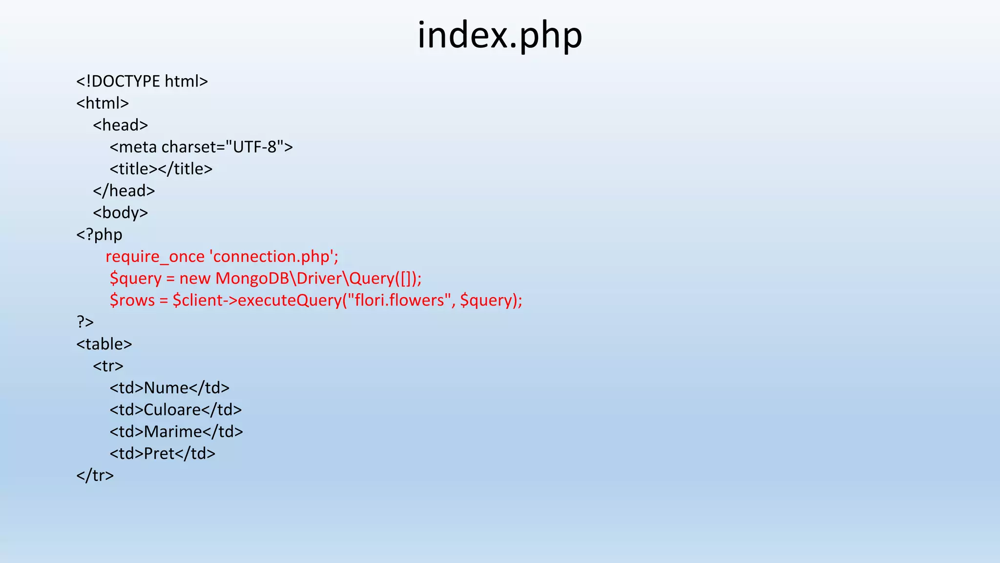 index.php <!DOCTYPE html> <html> <head> <meta charset="UTF-8"> <title></title> </head> <body> <?php require_once 'connection.php'; $query = new MongoDBDriverQuery([]); $rows = $client->executeQuery("flori.flowers", $query); ?> <table> <tr> <td>Nume</td> <td>Culoare</td> <td>Marime</td> <td>Pret</td> </tr> 