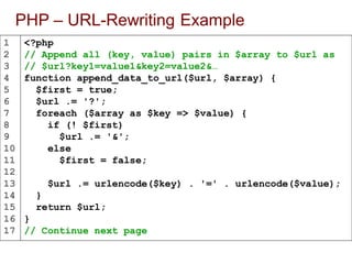 1
2
3
4
5
6
7
8
9
10
11
12
13
14
15
16
17
PHP – URL-Rewriting Example
<?php
// Append all (key, value) pairs in $array to $url as
// $url?key1=value1&key2=value2&…
function append_data_to_url($url, $array) {
$first = true;
$url .= '?';
foreach ($array as $key => $value) {
if (! $first)
$url .= '&';
else
$first = false;
$url .= urlencode($key) . '=' . urlencode($value);
}
return $url;
}
// Continue next page
 