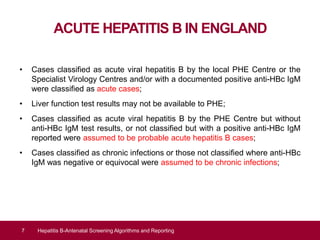 ACUTE HEPATITIS B IN ENGLAND
• Cases classified as acute viral hepatitis B by the local PHE Centre or the
Specialist Virology Centres and/or with a documented positive anti-HBc IgM
were classified as acute cases;
• Liver function test results may not be available to PHE;
• Cases classified as acute viral hepatitis B by the PHE Centre but without
anti-HBc IgM test results, or not classified but with a positive anti-HBc IgM
reported were assumed to be probable acute hepatitis B cases;
• Cases classified as chronic infections or those not classified where anti-HBc
IgM was negative or equivocal were assumed to be chronic infections;
7 Hepatitis B-Antenatal Screening Algorithms and Reporting
 