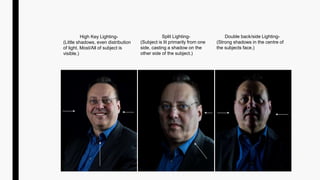 High Key Lighting-
(Little shadows, even distribution
of light. Most/All of subject is
visible.)
Split Lighting-
(Subject is lit primarily from one
side, casting a shadow on the
other side of the subject.)
Double back/side Lighting-
(Strong shadows in the centre of
the subjects face.)
 