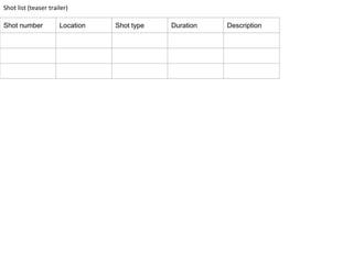 Shot number Location Shot type Duration Description
Shot list (teaser trailer)
 