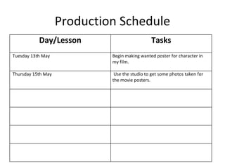 Production Schedule
Day/Lesson Tasks
Tuesday 13th May Begin making wanted poster for character in
my film.
Thursday 15th May Use the studio to get some photos taken for
the movie posters.
 