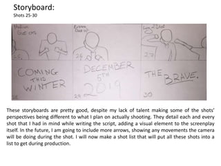 Storyboard:
Shots 25-30
These storyboards are pretty good, despite my lack of talent making some of the shots’
perspectives being different to what I plan on actually shooting. They detail each and every
shot that I had in mind while writing the script, adding a visual element to the screenplay
itself. In the future, I am going to include more arrows, showing any movements the camera
will be doing during the shot. I will now make a shot list that will put all these shots into a
list to get during production.
 