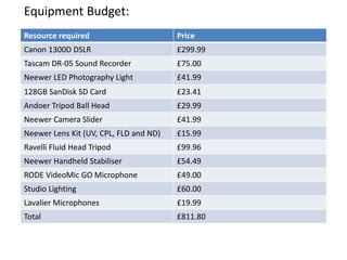 Equipment Budget:
Resource required Price
Canon 1300D DSLR £299.99
Tascam DR-05 Sound Recorder £75.00
Neewer LED Photography Light £41.99
128GB SanDisk SD Card £23.41
Andoer Tripod Ball Head £29.99
Neewer Camera Slider £41.99
Neewer Lens Kit (UV, CPL, FLD and ND) £15.99
Ravelli Fluid Head Tripod £99.96
Neewer Handheld Stabiliser £54.49
RODE VideoMic GO Microphone £49.00
Studio Lighting £60.00
Lavalier Microphones £19.99
Total £811.80
 