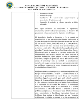 UNIVERSIDAD CENTRAL DEL ECUADOR
FACULTAD DE FILOSOFÍA, LETRAS Y CIENCIAS DE LA EDUCACIÓN
GUÍA DISEÑO MICRO CURRICULAR
• Toma de decisiones
• Trabajo en equipo
• Habilidades de comunicación (argumentación y
presentación de la información)
• Desarrollo de actitudes y valores: precisión, revisión,
tolerancia
Para lograr desarrollar las capacidades de exploración,
construcción, conectividad del conocimiento y el desarrollo del
pensamiento crítico se aplicarán las siguientes metodologías:
El Aprendizaje Basado en Proyectos. - Es un modelo de
aprendizaje en el que los estudiantes planean, implementan y
evalúan proyectos que tienen aplicación en el mundo real más allá
del aula de clase (Blank, 1997; Dickinson, et al, 1998; Harwell,
1997). Este modelo tiene sus raíces en el constructivismo, que
evolucionó a partir de los trabajos de psicólogos y educadores tales
como Lev Vygotsky, Jerome Bruner, Jean Piaget y John Dewey.
El constructivismo se apoya en la creciente comprensión del
funcionamiento del cerebro humano, en cómo almacena y
recupera información, cómo aprende y cómo el aprendizaje
acrecienta y amplía el aprendizaje previo. El constructivismo
enfoca al aprendizaje como el resultado de construcciones
mentales; esto es, que los seres humanos, aprenden construyendo
nuevas ideas o conceptos, en base a conocimientos actuales y
previos (Karlin & Vianni, 2001).
El Aprendizaje Basado en Proyectos se enfoca en un problema que
hay que solucionar en base a un plan. La idea fundamental es el
diseño de un planteamiento de acción donde los estudiantes
identifican el ¿qué?, ¿con quién?, ¿para qué?, ¿cómo?, ¿cuánto?,
factores de riesgo a enfrentar, medidas alternativas para asegurar
el éxito, resultados esperados, etc., y no la solución de problemas
o la realización de actividades. En resumen, el Aprendizaje
Basado en Proyectos apoya a los estudiantes a: · adquirir
conocimientos y habilidades básicas, · aprender a resolver
problemas complicados y · llevar a cabo tareas difíciles utilizando
estos conocimientos y habilidades. Aprendizaje Basado en
Problemas Que implica la identificación de una “situación
problemática” en relación al contexto en la que se produce y la
 