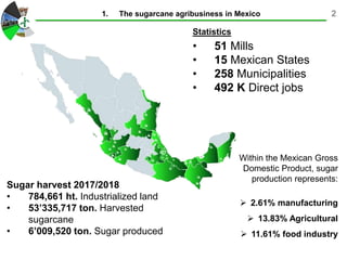1. The sugarcane agribusiness in Mexico 2
Statistics
• 51 Mills
• 15 Mexican States
• 258 Municipalities
• 492 K Direct jobs
Sugar harvest 2017/2018
• 784,661 ht. Industrialized land
• 53’335,717 ton. Harvested
sugarcane
• 6’009,520 ton. Sugar produced
Within the Mexican Gross
Domestic Product, sugar
production represents:
 2.61% manufacturing
 13.83% Agricultural
 11.61% food industry
 