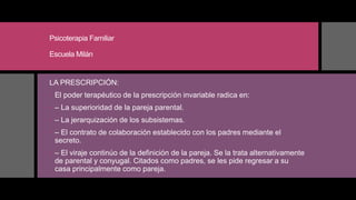 Psicoterapia Familiar
Escuela Milán
LA PRESCRIPCIÓN:
 El poder terapéutico de la prescripción invariable radica en:
 – La superioridad de la pareja parental.
 – La jerarquización de los subsistemas.
 – El contrato de colaboración establecido con los padres mediante el
secreto.
 – El viraje continúo de la definición de la pareja. Se la trata alternativamente
de parental y conyugal. Citados como padres, se les pide regresar a su
casa principalmente como pareja.
 