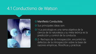 4.1 Conductismo de Watson
 Manifiesto Conductista.
 Sus principales ideas son:
 1-La psicología es una rama objetiva de la
ciencia de la naturaleza y su meta teórica es la
predicción y control de la conducta.
 2- Rechazo de la introspección, encontró los
defectos de la introspección sobre la base de
razones empíricas, filosóficas y prácticas
 
