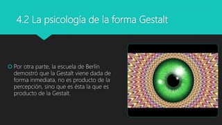 4.2 La psicología de la forma Gestalt
 Por otra parte, la escuela de Berlín
demostró que la Gestalt viene dada de
forma inmediata, no es producto de la
percepción, sino que es ésta la que es
producto de la Gestalt.
 