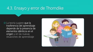 4.3. Ensayo y error de Thorndike
 La teoría sugiere que la
trasferencia del aprendizaje
depende de la presencia de
elementos idénticos en el
origen y en las nuevas
situaciones de aprendizaje
 