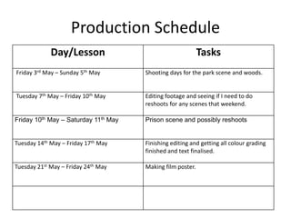 Production Schedule
Day/Lesson Tasks
Friday 3rd May – Sunday 5th May Shooting days for the park scene and woods.
Tuesday 7th May – Friday 10th May Editing footage and seeing if I need to do
reshoots for any scenes that weekend.
Friday 10th May – Saturday 11th May Prison scene and possibly reshoots
Tuesday 14th May – Friday 17th May Finishing editing and getting all colour grading
finished and text finalised.
Tuesday 21st May – Friday 24th May Making film poster.
 