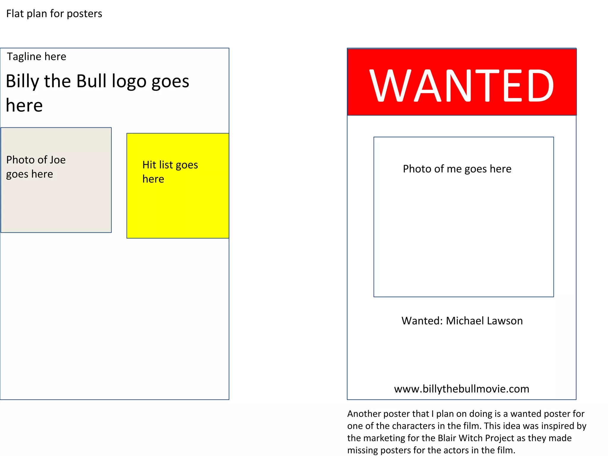 WANTED
Photo of me goes here
www.billythebullmovie.com
Another poster that I plan on doing is a wanted poster for
one of the characters in the film. This idea was inspired by
the marketing for the Blair Witch Project as they made
missing posters for the actors in the film.
Wanted: Michael Lawson
Photo of Joe
goes here
Billy the Bull logo goes
here
Tagline here
Flat plan for posters
Hit list goes
here
 