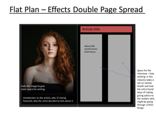 Flat Plan – Effects Double Page Spread
Article title
Space for the
interview – how
working in this
industry takes a
toll on mental
health and how
the artist found
ways of coping,
giving advice to
the readers who
might be going
through similar
things.
Fade the image to give
more space for writing.
Introduction to the article, why it’s being
featured, why the artist decided to talk about it.
About550
wordsacross
bothboxes
 
