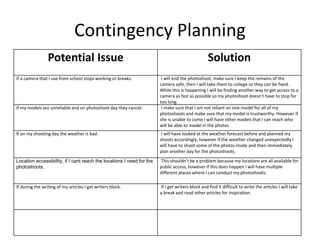 Contingency Planning
Potential Issue Solution
If a camera that I use from school stops working or breaks. I will end the photoshoot, make sure I keep the remains of the
camera safe, then I will take them to college so they can be fixed.
While this is happening I will be finding another way to get access to a
camera as fast as possible so my photoshoot doesn’t have to stop for
too long.
If my models are unreliable and on photoshoot day they cancel. I make sure that I am not reliant on one model for all of my
photoshoots and make sure that my model is trustworthy. However if
she is unable to come I will have other models that I can reach who
will be able to model in the photos
If on my shooting day the weather is bad. I will have looked at the weather forecast before and planned my
shoots accordingly, however if the weather changed unexpectedly I
will have to shoot some of the photos inside and then immediately
plan another day for the photoshoots.
Location accessibility, if I cant reach the locations I need for the
photoshoots.
This shouldn’t be a problem because my locations are all available for
public access, however if this does happen I will have multiple
different places where I can conduct my photoshoots.
If during the writing of my articles I get writers block. If I get writers block and find it difficult to write the articles I will take
a break and read other articles for inspiration.
 