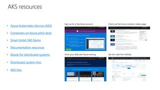 • Azure Kubernetes Service (AKS)
• Containers on Azure pitch deck
• Smart Hotel 360 Demo
• Documentation resources
• Ebook for distributed systems
• Distributed system HoL
• AKS HoL
Sign up for a free Azure account
Hone your skills with Azure training
Check out the Azure container videos page
Get the code from GitHub
AKS resources
 